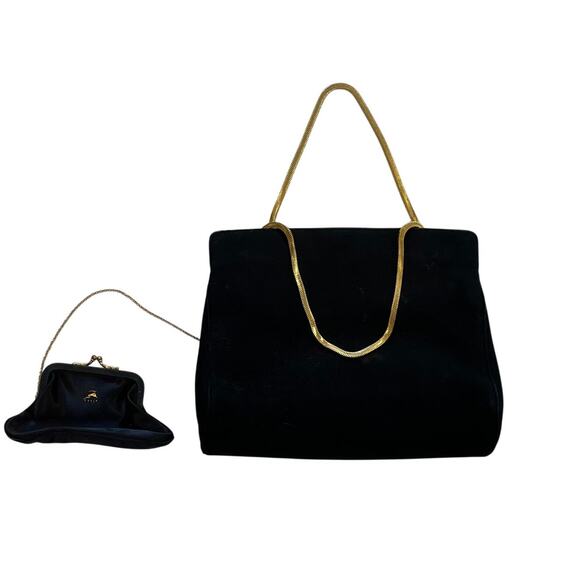 VTG Koret Black Kid Suede Evening Clutch/Purse with Mini Coin Purse, Gold Chain - Picture 2 of 11